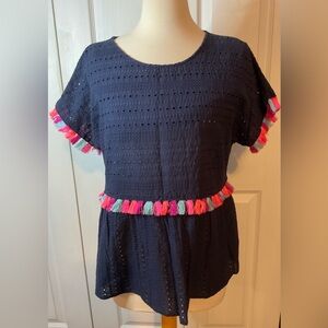 Andree By Unit Navy Blue‎ Eyelet Top Blouse Tassels Boho Large